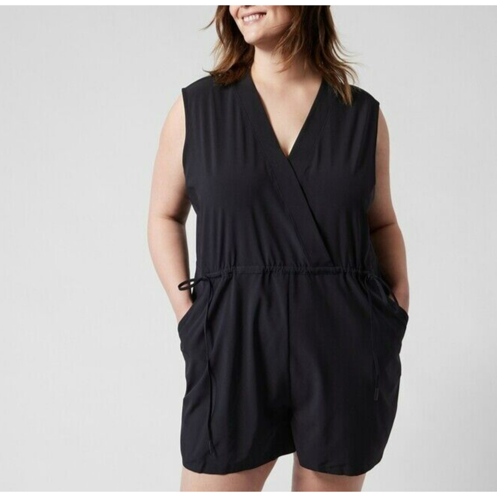 Athleta Marlow Romper Size 3X Black Stretch Pockets Drawstring Waist V-Neck